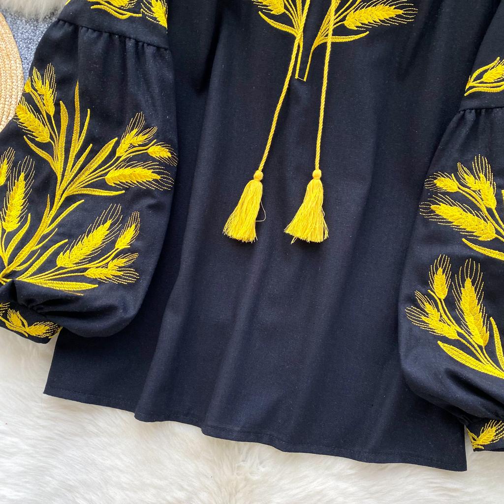 Модная блузка для женщин с рукавами-фонариками, свободные рубашки с завязками, винтажная вышивка, весенние блузки, топы