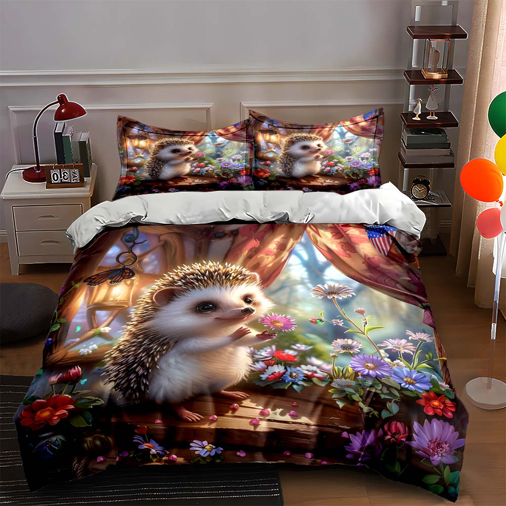 Hedgehog floral scene. Bedding Duvet cover sets Duvet covers Pillowcases gifts (1 * Duvet Cover 2 * Pillowcases, without duvet insert)