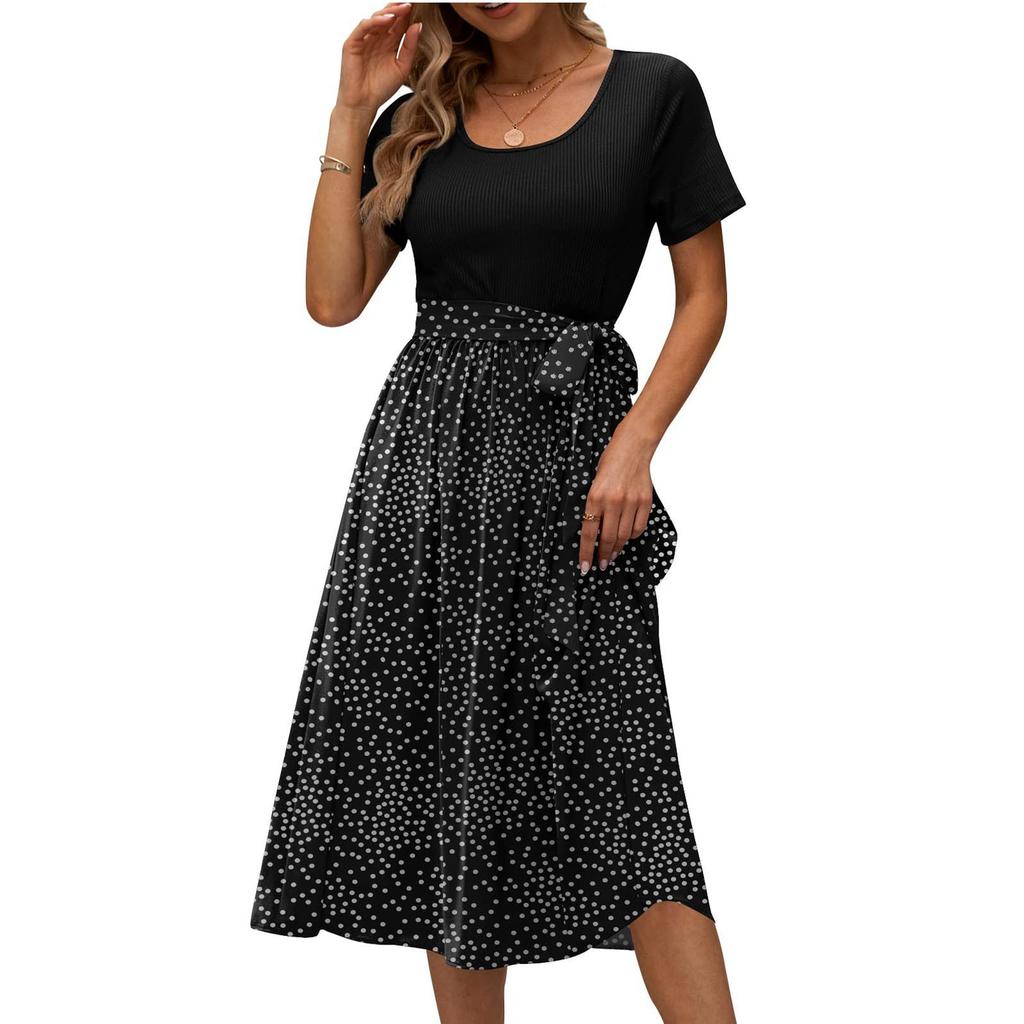 Платья миди, женское лоскутное платье с цветочным принтом, удобное повседневное вечернее платье с коротким рукавом и круглым вырезом