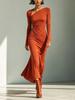 European and American autumn new temperament pleated solid color long-sleeved long dress