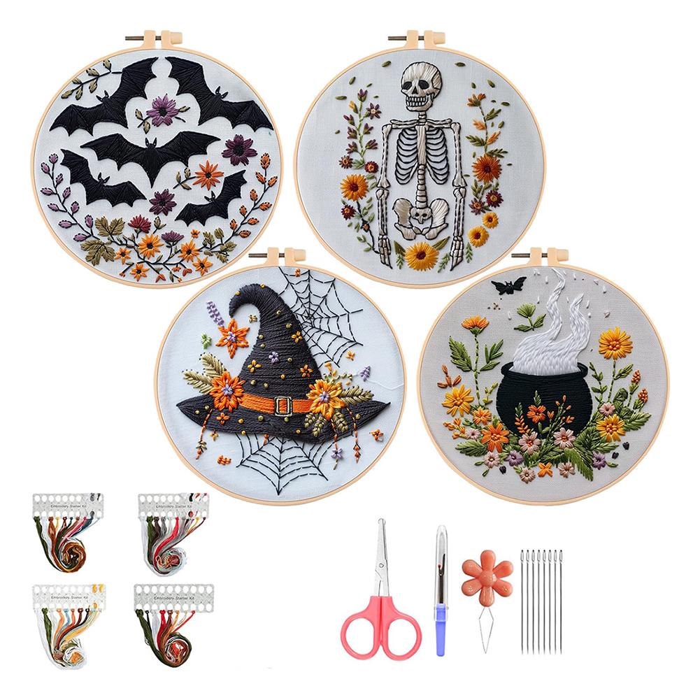 Halloween Gothic Embroidery Starter Kit Material Package Bat Skull Hat Bowl Cross Stitch Kit Beginners Embroidery Lovers Gift