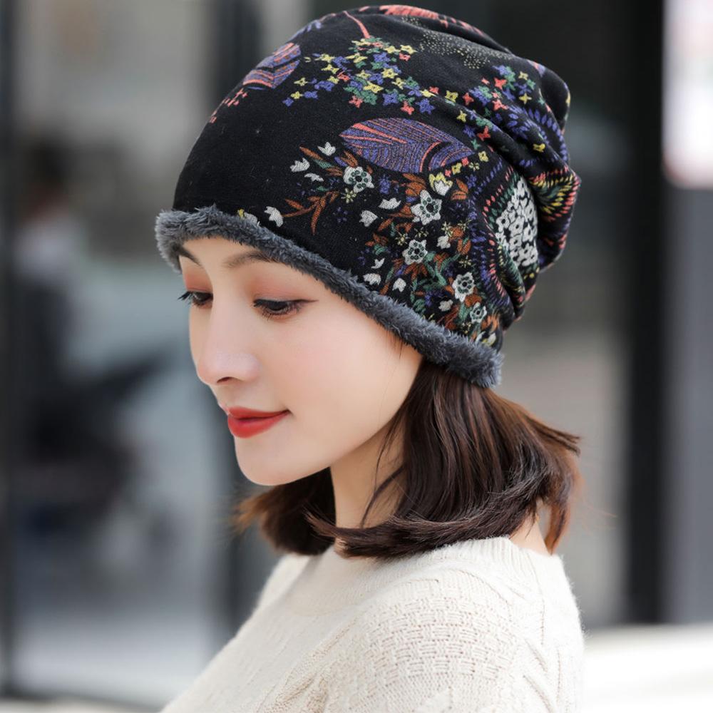 Soft Winter Fashion Warmer Soft Print Flower Neck Warm Women Hat Bib Hats Velvet Bonnet Beanie