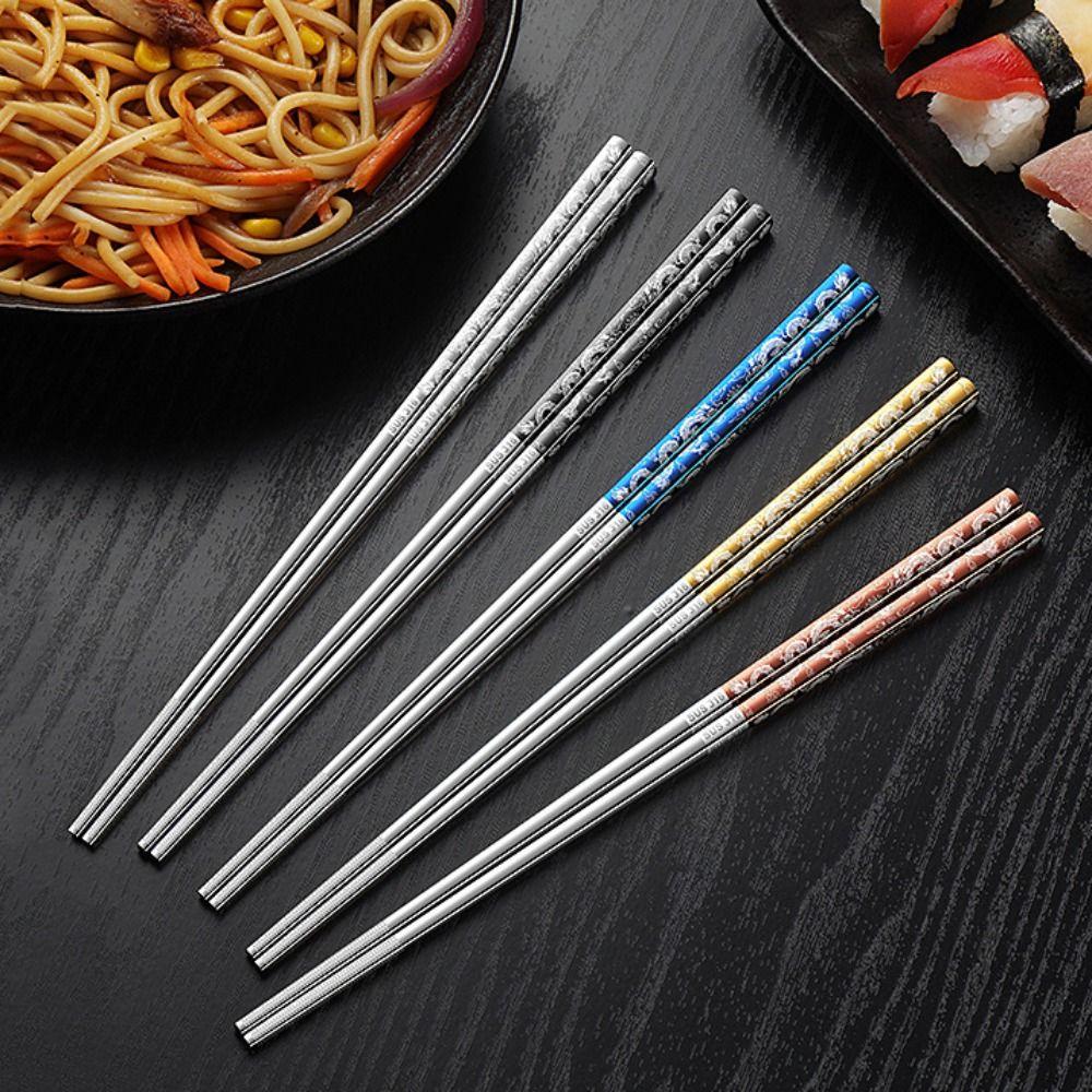 5 Pairs Non-Slip Stainless Steel Dragon Patter Chopsticks Sushi Chopsticks Restaurant