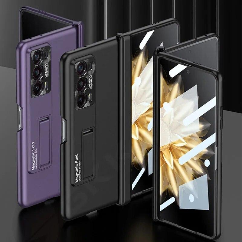 Роскошный кожаный чехол для Honor Magic V2, чехол с магнитной петлей, противоударный внешний экран, стеклянная подставка, матовый жесткий чехол для Honor Magic V2
