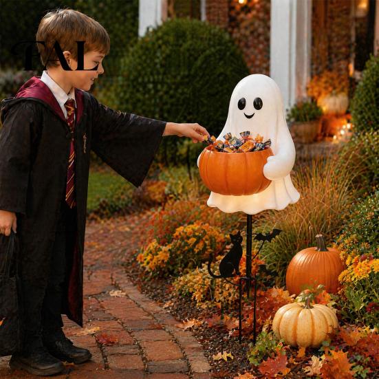 Sturdy Resin Ghost Candy Container Halloween Holder Garden Stake, Cute Glowing with Pumpkin Bowl, Outdoor Lawn Decor Yard Sign for Front Porch, Lawn,