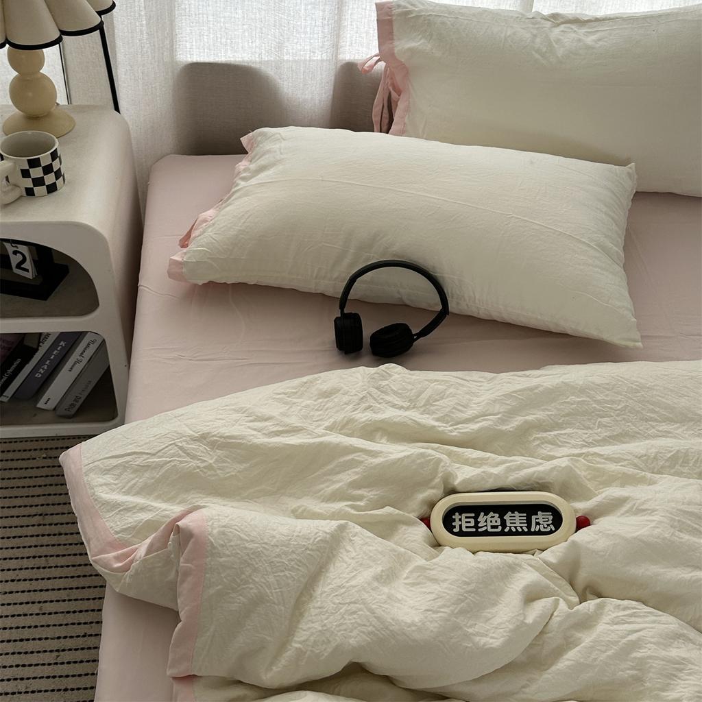 Girl Solid Color Simple Cream Powder Hemming Washed Cotton FourPiece Set Bed Sheet Student Dormitory ThreePiece Bed Hat