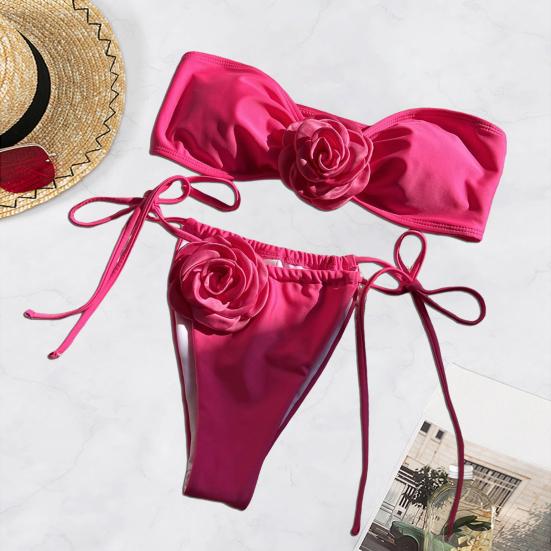 2 шт./компл. женский сексуальный комплект бикини с цветочным декором, бюстгальтер-бандо, трусы для плавания на шнуровке, комплект однотонного быстросохнущего купальника, пляжная одежда