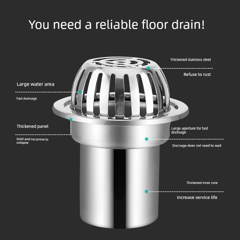 Stainless Steel Thickened Floor Drain with Plug-In Type, Elevated Rooftop Drain, Round Drain Cover, Anti-Clogging Drainage Floor Drain