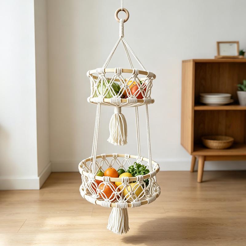 Bohemian Three-Tier Handwoven Cotton Rope Hanging Basket for Fruits & Vegetables