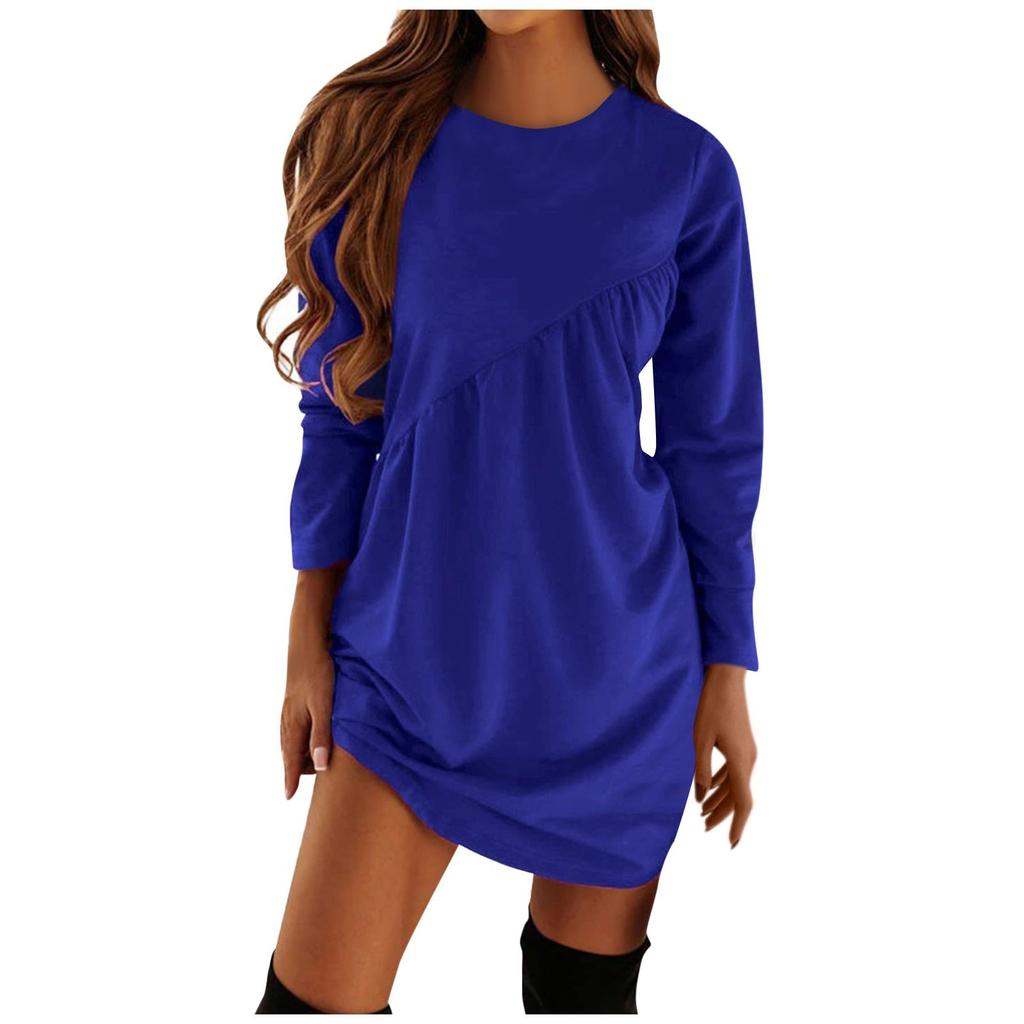 Women's Winter New Solid Color Long-sleeved Irregular Round Neck T-shirt Long Dress