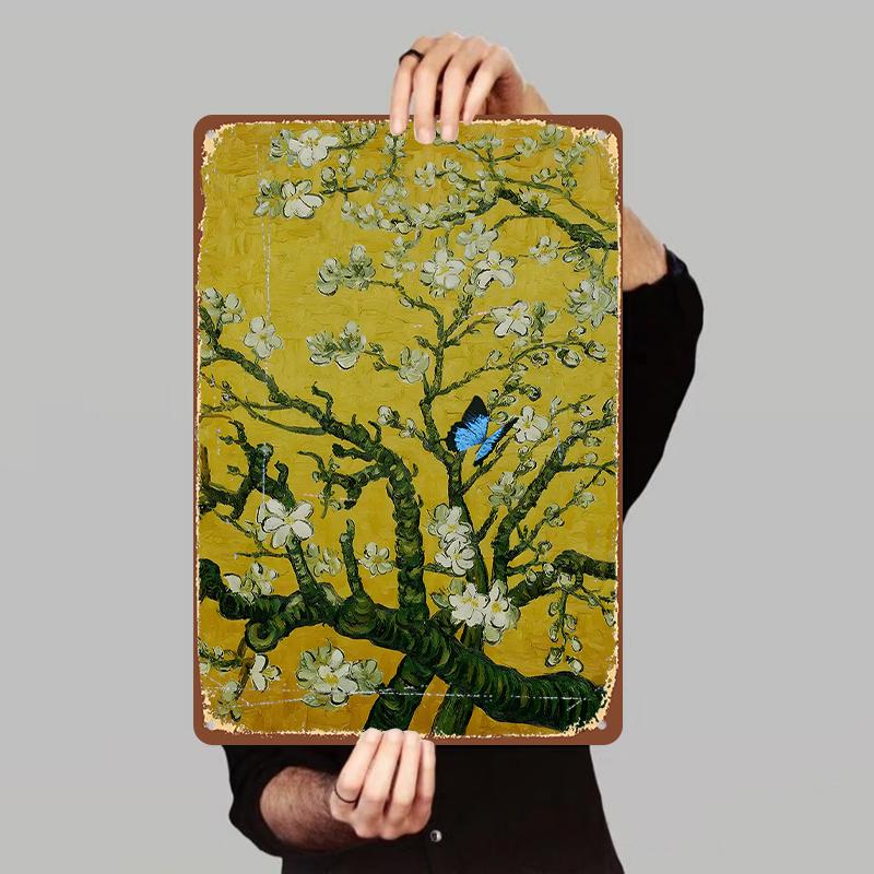 Van Gogh Style Apricot Blossom with Blue Butterfly Metal Wall Art Decor for Living Room Kitchen Home Decoration