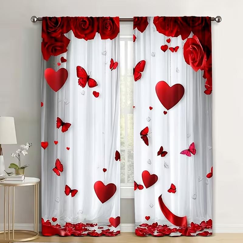 2PC Red Rose Heart Butterfly Sheer Curtains Romantic Valentine Print Light Filtering Drapes Sweet Home Decor for Bedrooms