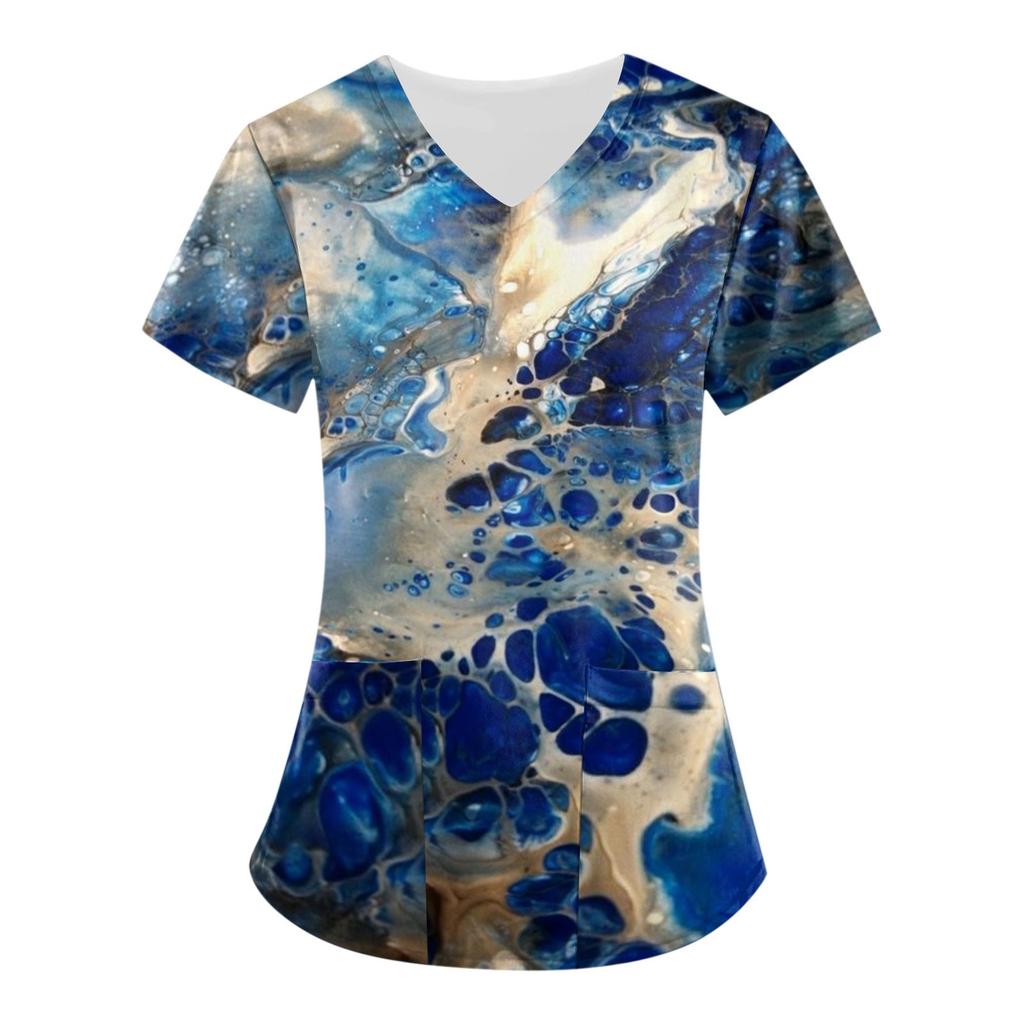 Женские топы с короткими рукавами и v-образным вырезом с принтом, рабочая форма, карманная блузка