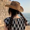 Woven Hollow Straw Hat Curled Sun Hat Breathable Western Cowboy Cap Sport