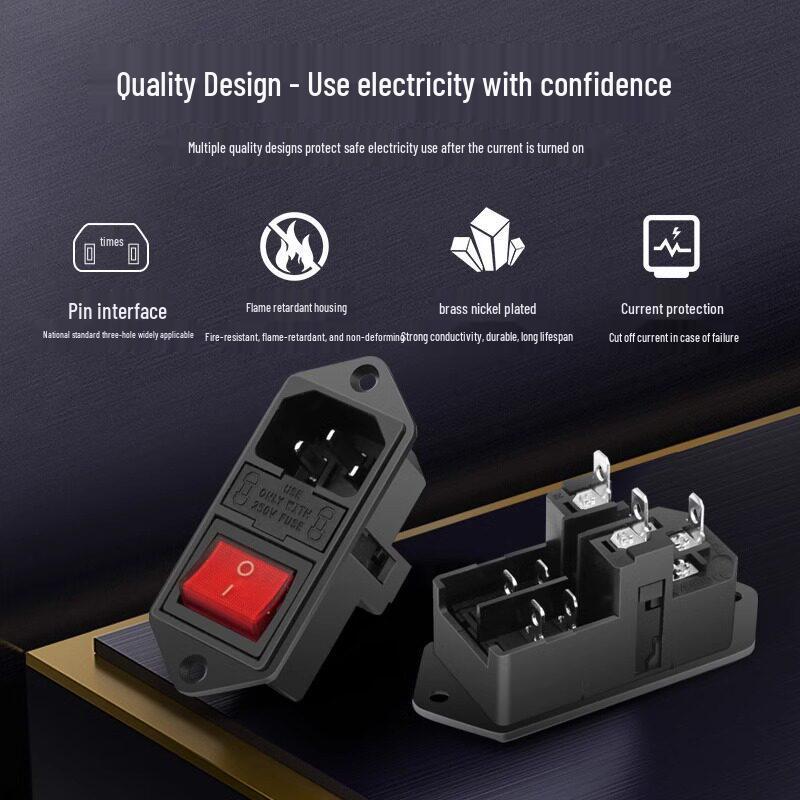 3-in-1 Schuko Socket with Cord, Large Rocker Switch, Dual Fuses, AC Power, Female.