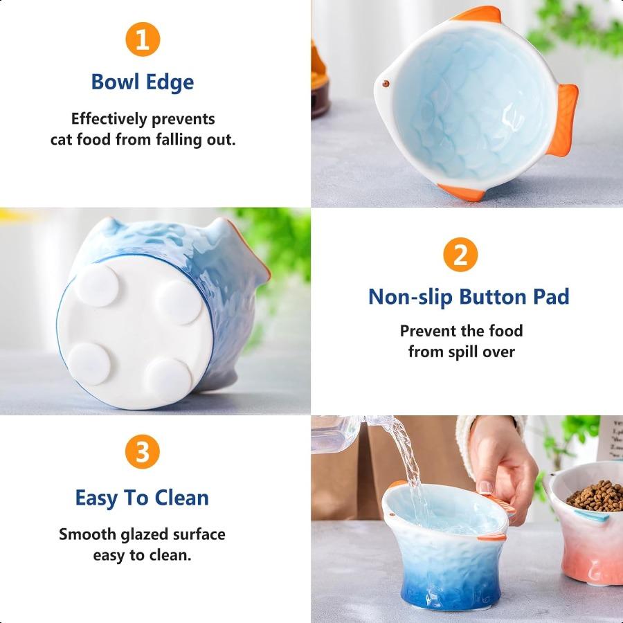 2 шт. Приподнятая наклонная керамическая миска для кошачьего корма в форме рыбки, милая приподнятая наклонная неглубокая угловая кошачья миска, нескользящая миска-кормушка для муравьев