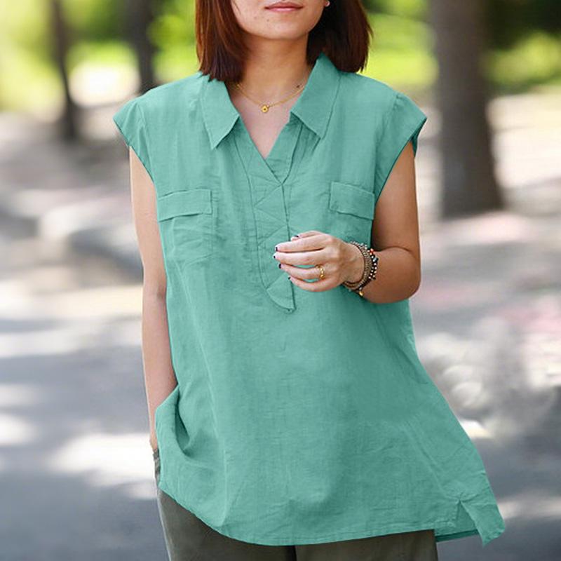ZANZEA Женская повседневная летняя блузка без рукавов с отложным воротником