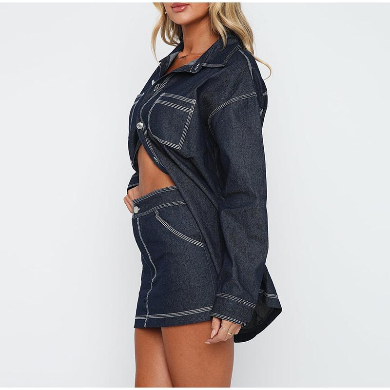 Vintage Denim 2 Piece Sets Women's Mini Skirts Polo Collar Long Sleeve Pockets Tops Hip Package Skirt Lady Streetwear 2025 Spring Summer