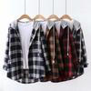 Women Long Zipper Shirt Retro Plaid Sleeve Loose Drawstring Coat