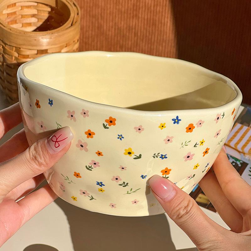 Корейская керамическая миска с рисунком из свежих цветов в стиле INS, высокое качество, домашнее блюдо для риса, фруктовый салатник