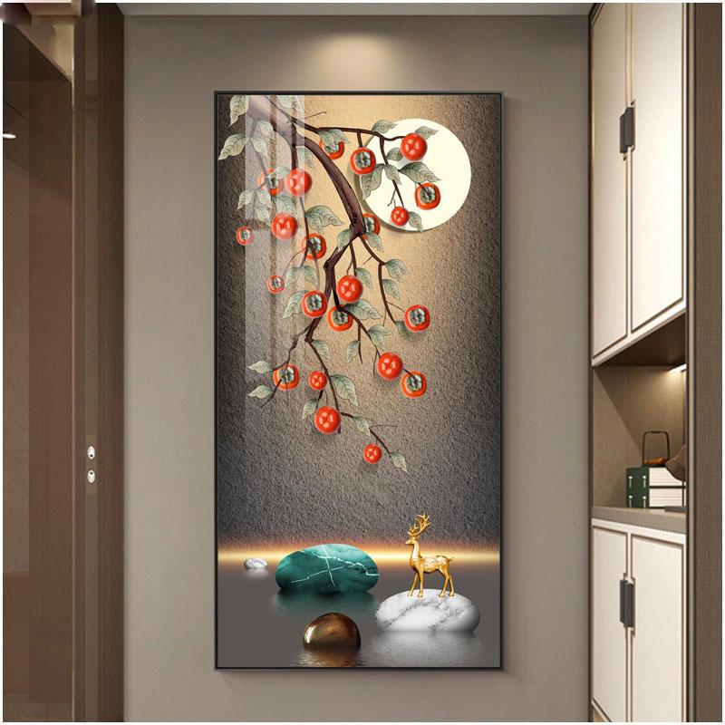 Abstract Fengshui Golden Zen Stone Canvas Painting Golden Moon Deer Wall Art Rich Tree Posters for Porch Wall Decor No Frame