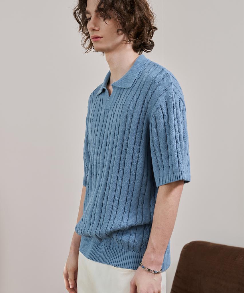 DRAW FIT Cotton Cable Half Collar Knit [Sky Blue]