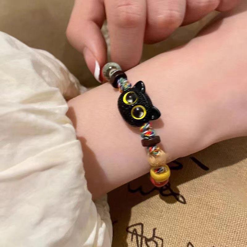 Милый браслет с мультяшным котом для женщин и девочек, креативные красочные регулируемые плетеные браслеты из веревки, уникальные браслеты с подвесками в виде кота и бисера