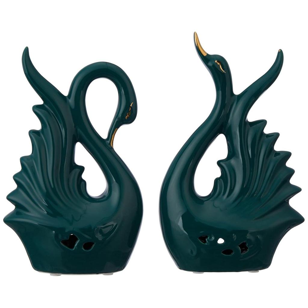 Современная элитная керамическая фигурка в виде пары лебедей | Красивый декор для дома (2 шт., темно-зеленый, средний)