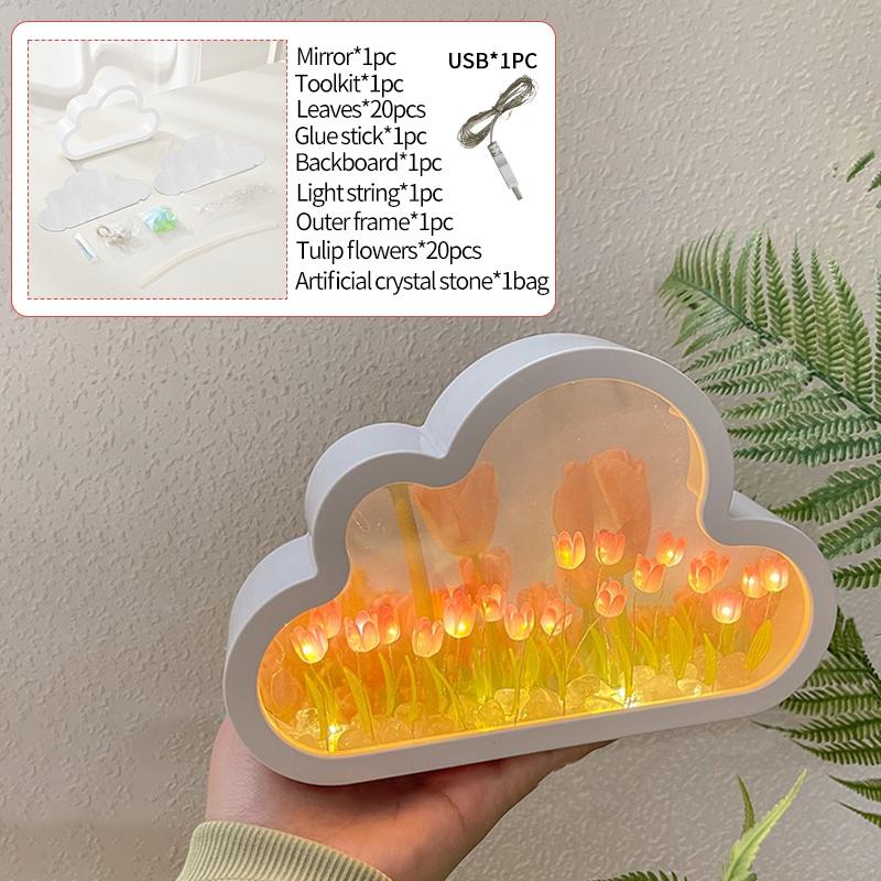 DIY Cloud Tulip LED Night Light Creative Sea of Flowers Night Lamp Mirror Table Lamps Atmosphere Light Gift Birthday Home Decor
