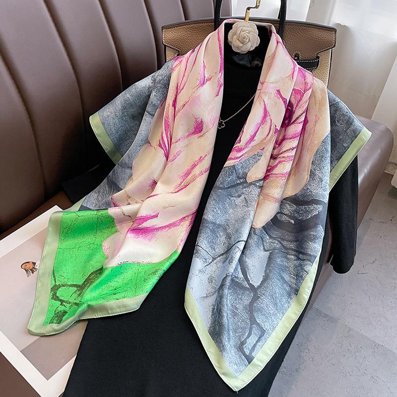 Twill Silk Scarf Women 90cm Square Hijab Shawls And Wraps Female Foulard Headkerchief Elegant Floral Summer Autumn Lady Bandana
