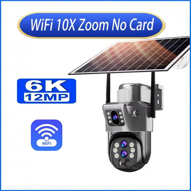 6K 10-кратный зум WiFi наружная солнечная камера с тремя объективами 12MP HD ночное видение PTZ наблюдение PIR автоматическое отслеживание беспроводная сетевая камера