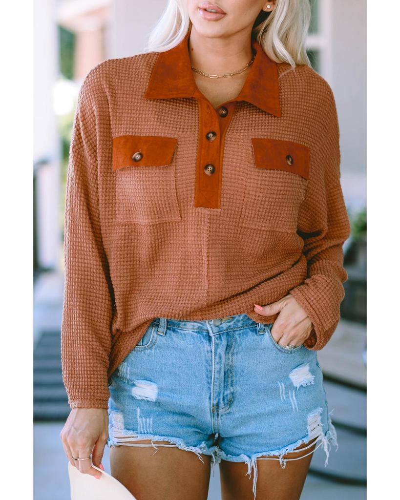 Azura Exchange Button Contrast Trim Waffle Knit Top