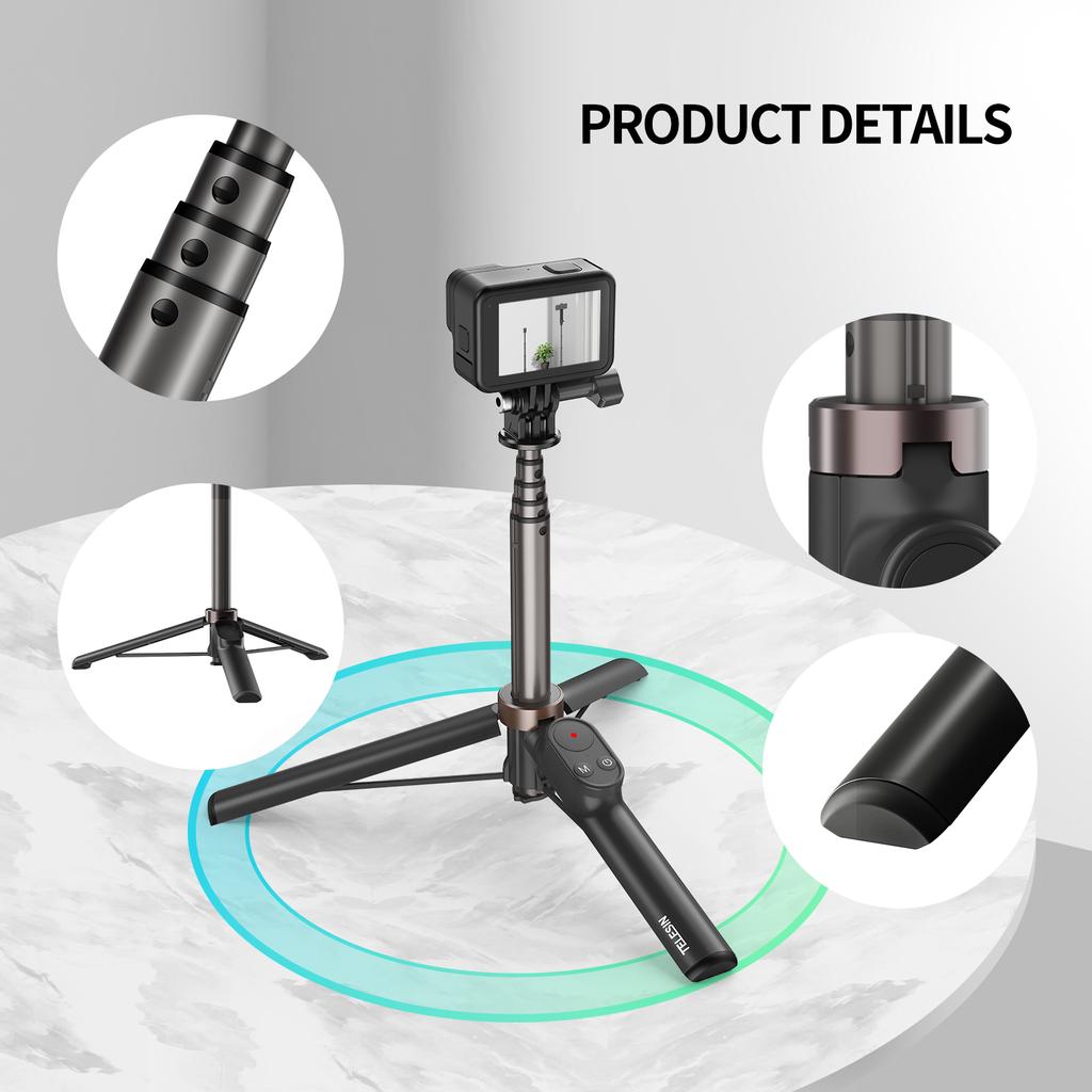 TELESIN 60CM Wireless Bluetooth Remote Control Vlog Selfie Stick Tripod Mount Black for GoPro 13 12 11 10 9 8 Camera Smart Phone