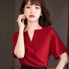 Красная шифоновая рубашка с короткими рукавами, женская летняя рубашка нового стиля, модный топ с V-образным вырезом