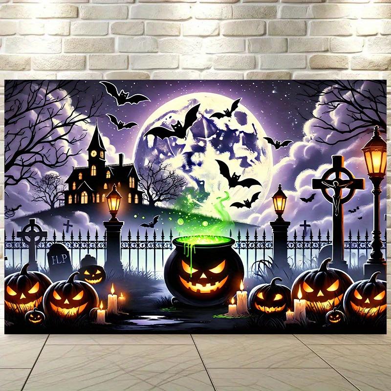 Scary Halloween background featuring pumpkin lanterns full moon and haunted house - polyester wall flags.PMJ