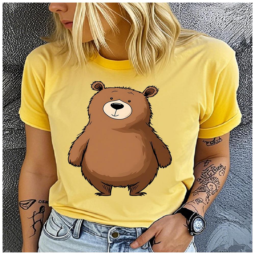 Unisex Soft Cute Cartoon Brown Bear Print Loose round Neck Casual Short Sleeve T-Shirt 100% Polyester Fashion Top for Summer