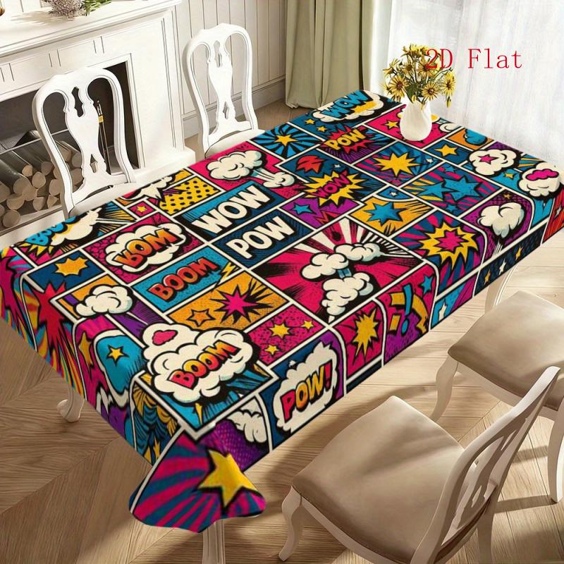 2D Flat 1pc - Fashionable, Beautiful, And Soft Tablecloth, Easy to Clean And Reusable, Suitable for All Seasons. Features a Cartoon-Style Explosion Pa
