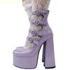 Лолита Милые фиолетово-розовые кожаные сандалии с пряжкой Горячая девушка Толстый каблук Большой размер Туфли на высоком каблуке 2025 Новые полые сандалии на массивном каблуке
