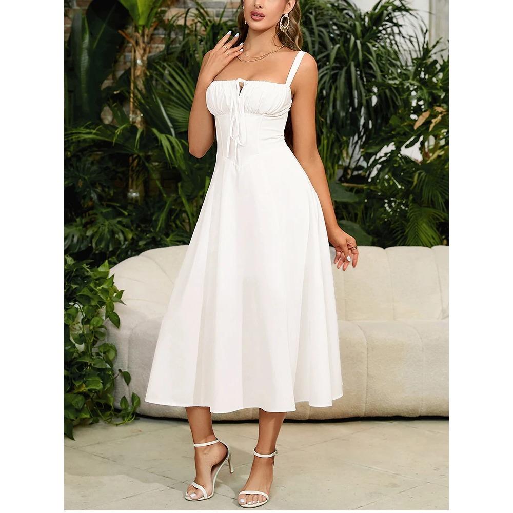 Summer Sweet Solid Sleeveless Long Dress Women Fashion Bandage Camisole Dresses Padded Boned Robe Elegant Party Vestidos