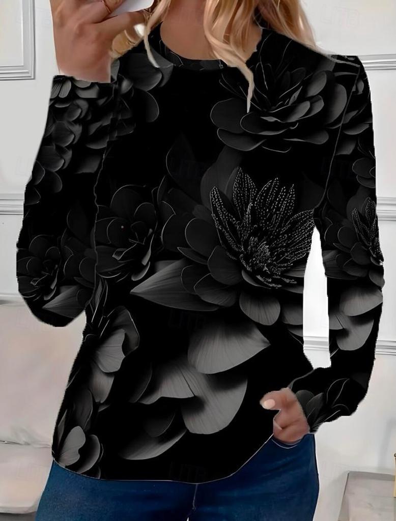 Модная женская футболка с круглым вырезом и длинным рукавом с винтажным цветочным принтом, повседневные топы, женская одежда, женская одежда в стиле Харадзюку, пуловер