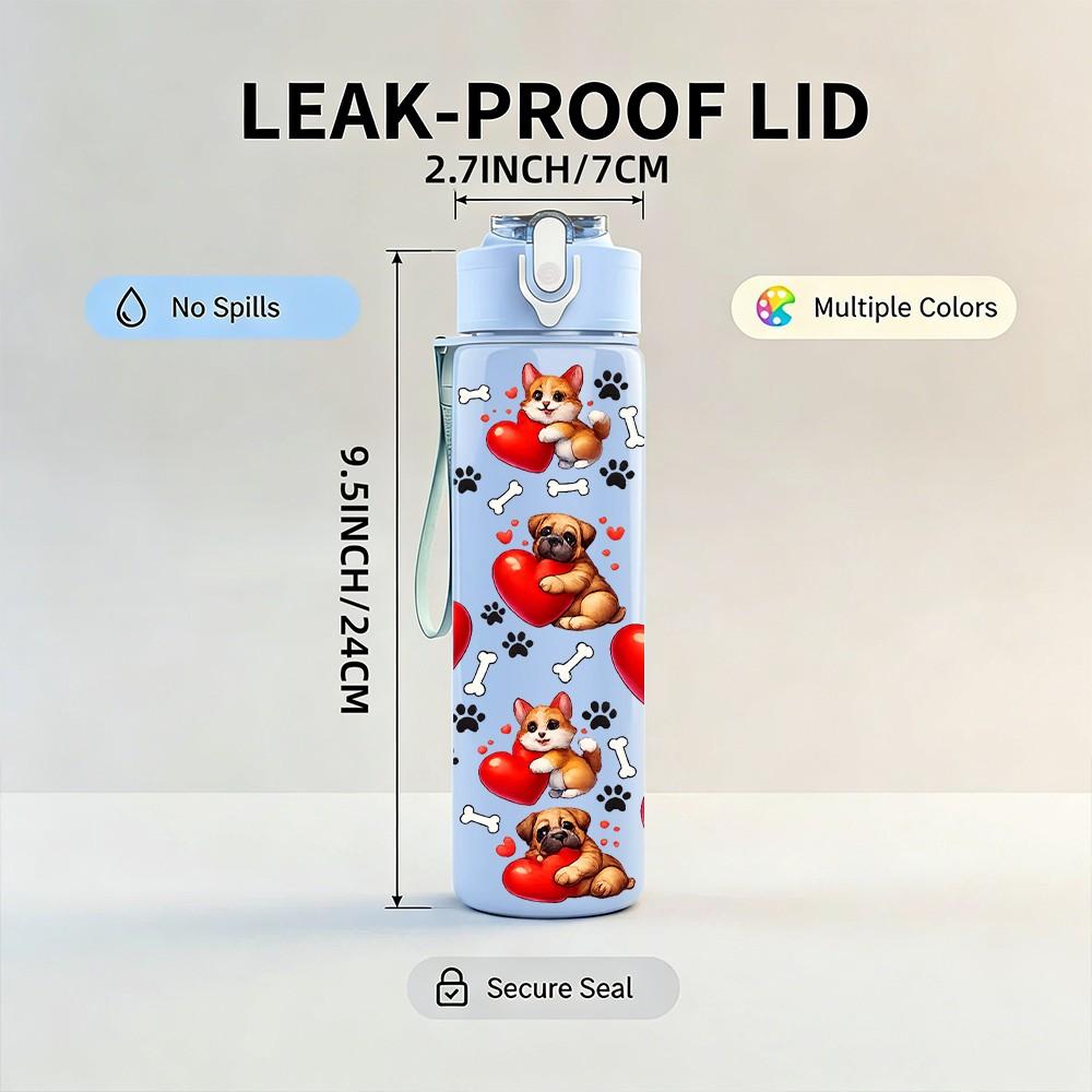 1PC Cherry Heart Love Valentine Pattern Print 750ml Color Plastic Sports Water Bottle Leakproof Flip Straw Lid Suitable for Sports Office Home Use