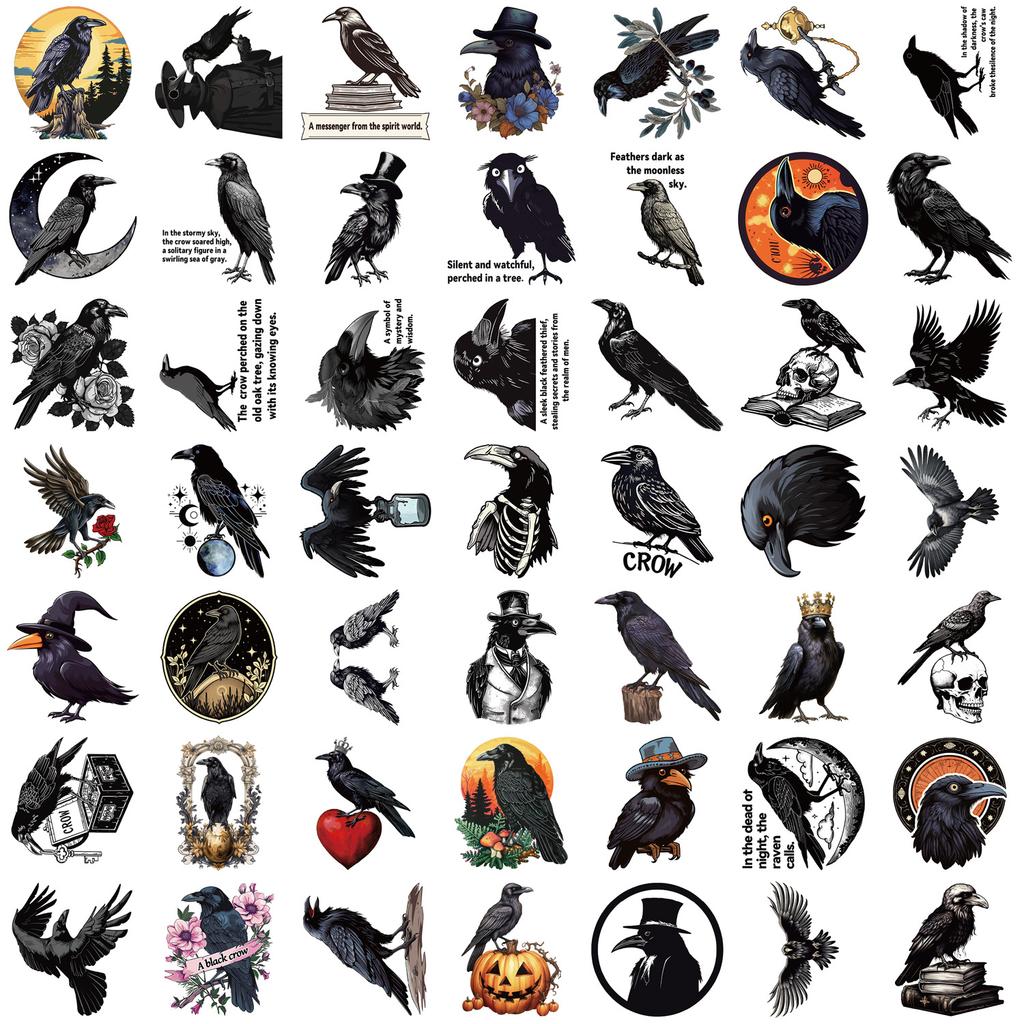 50 Cartoon Black Crow Doodle Stickers Decorate Guitar Notebook Suitcase DIY Waterproof Halloween Stickers