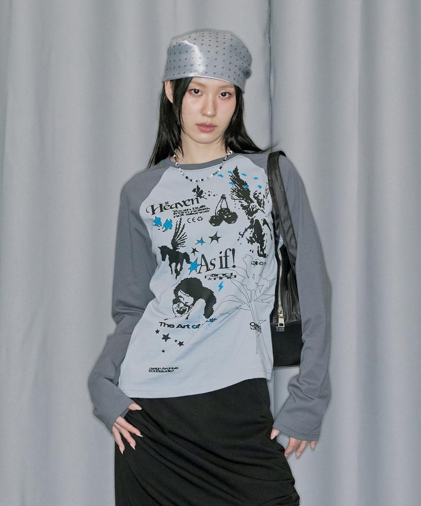 ODDSTUDIO Kitsch Stamp Pintuck Raglan Long Sleeve - Gray Blue