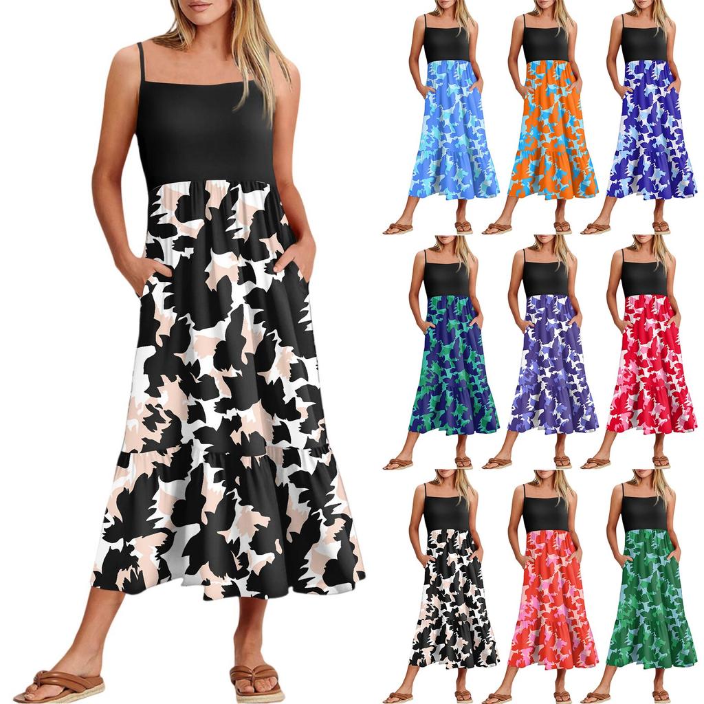 Women's Summer Spaghetti Strap Patchwork Beach Vacation Floral With Pocket Dresses