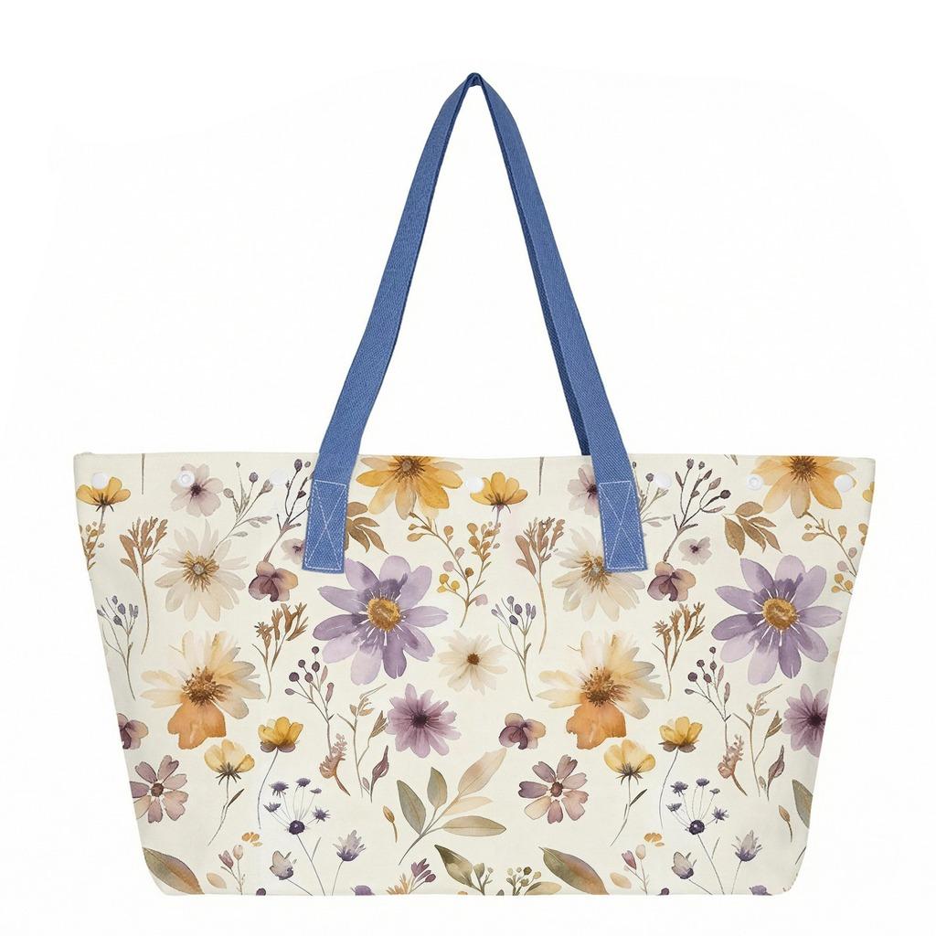 Floral Print Canvas Tote Bag Large Capacity Shopping Bag Eco Friendly Grocery Bag Portable Shoulder Bag Travel Beach Bag