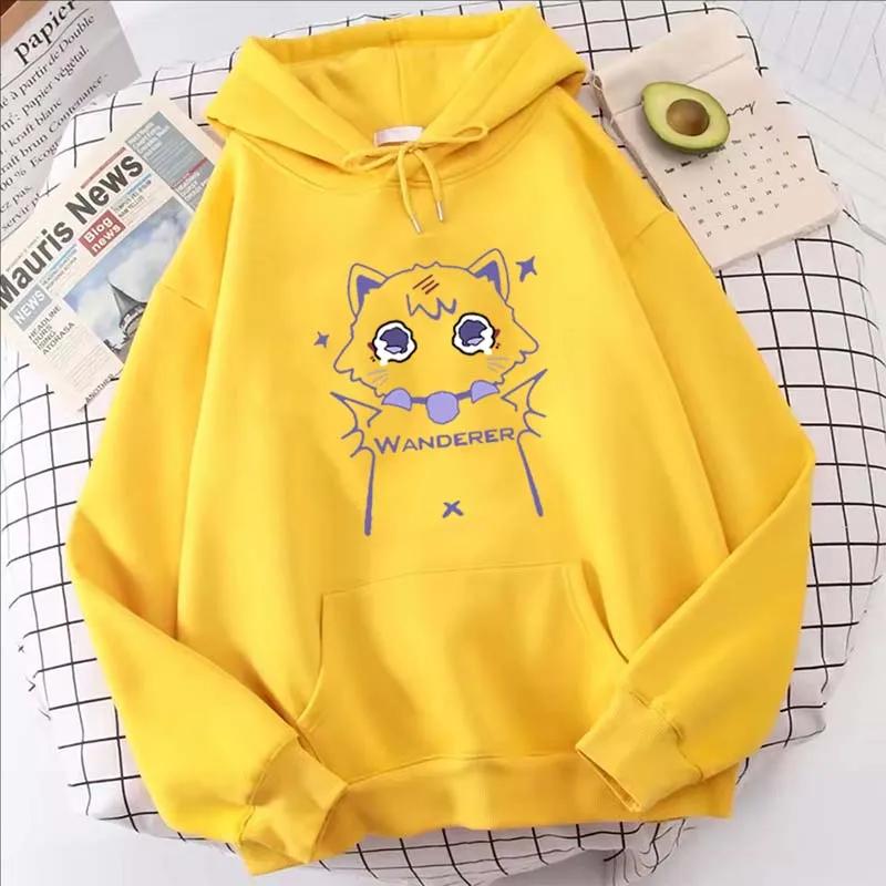 Худи с принтом мультяшного кота Genshin Impact, женские повседневные осенне-зимние каваий харадзюку флисовые толстовки с длинным рукавом
