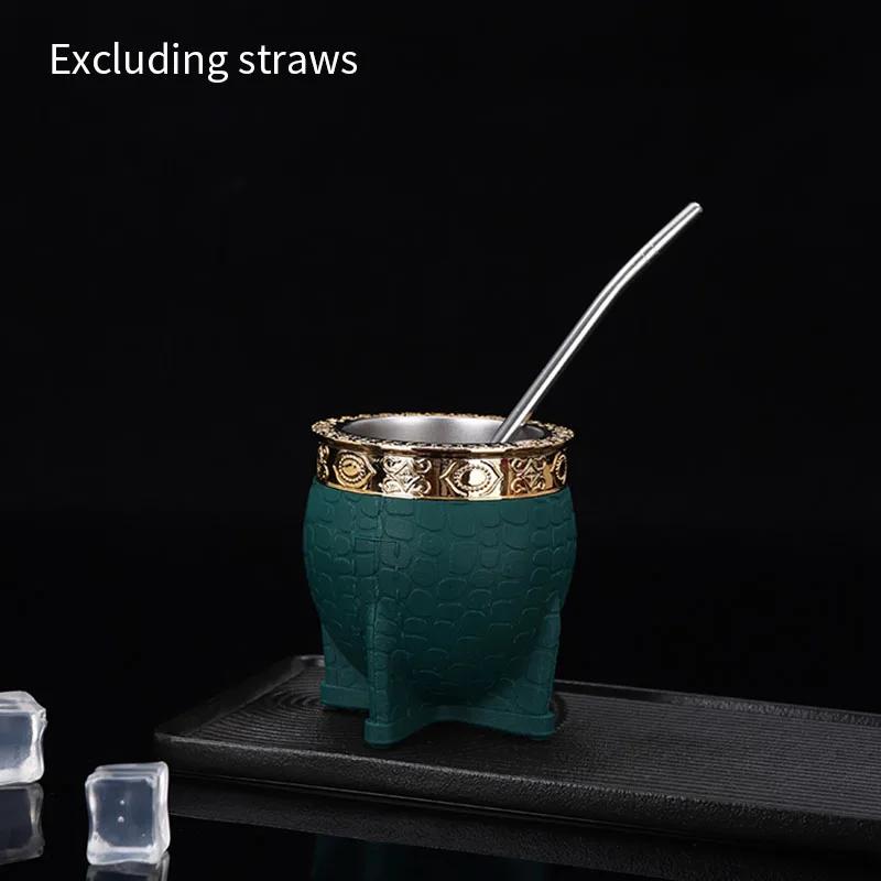 1Pc Stainless Steel Double-layer Paraguay Water Cup With Straw Turtle Shell Texture Eggshell Cup Leather Texture Eggshell Cup