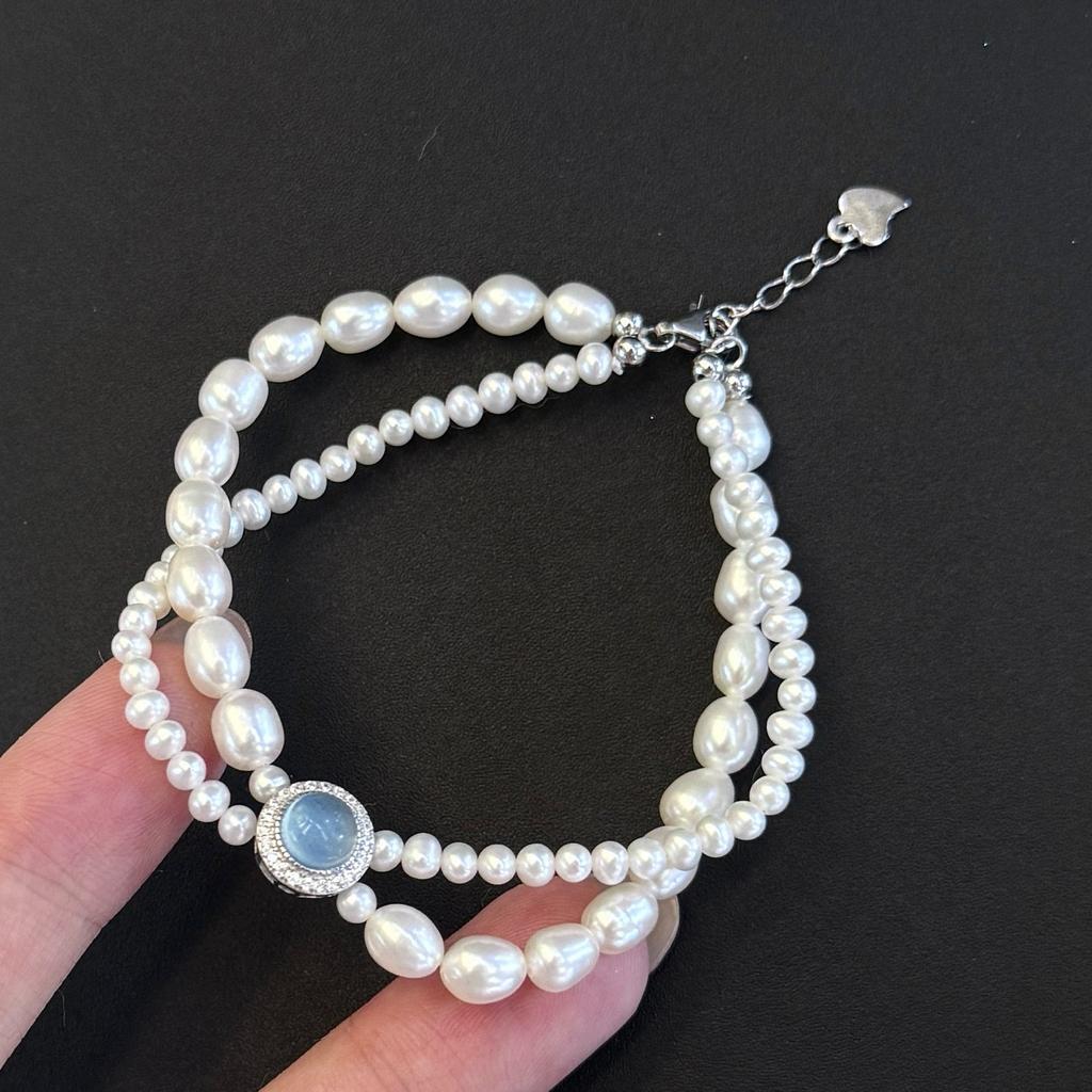 S925 Sterling Silver Aquamarine Natural Freshwater Pearl Bracelet Women's Fashion High Sense Beaded Temperament Hand Jewelry Stacked Wear 2026