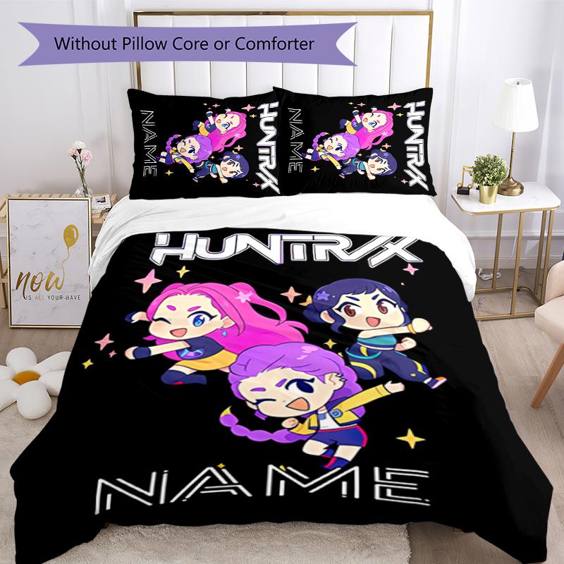 3pcs Custom Name Cartoon Kpop Demon Hunters Bedding Set Duvet Cover Closure Includes 1 Duvet Cover & 2 Pillowcases for All Seasons Bedroom Decor