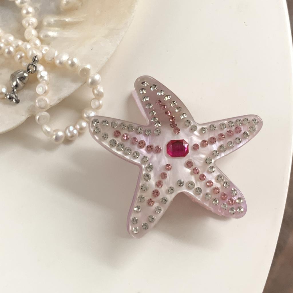 1pc Exquisite Starfish Acetate Grab Clip, Diamond-studded Blue and Pink Premium Hairpin, Shark Clip On the Back of Head